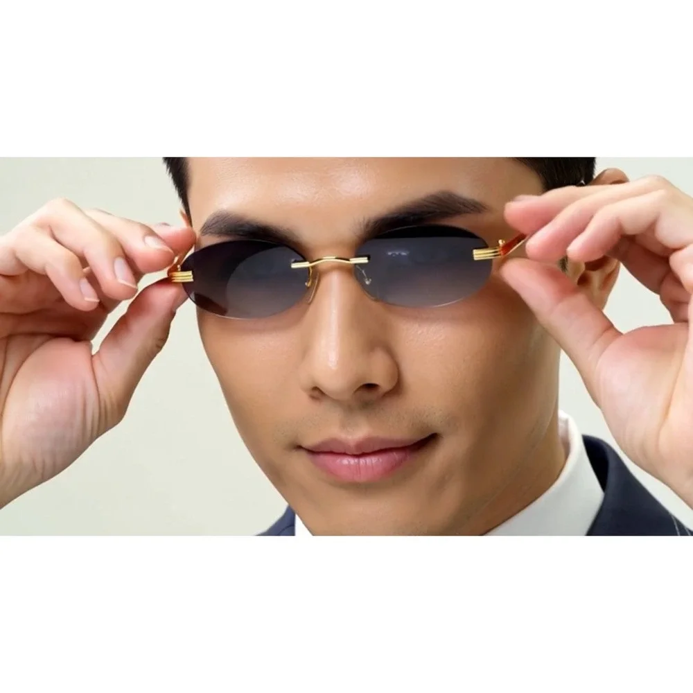 Rimless Sunglasses Oval Gray Black Lens Gold Frame Men's‎ Fashion Eyewear Lentes